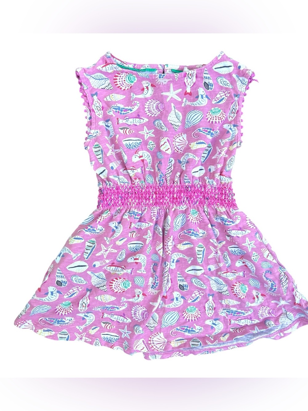Mini Boden Girls Dress Pink Shell Print Smocked Waist 3-4 Yrs Ocean Beachy Fish
